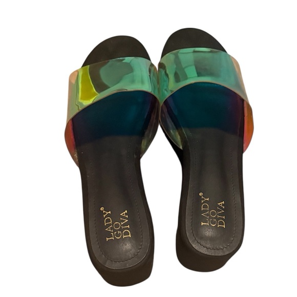 Dolls Kill x Lady Go Diva Holographic Iridescent Black Suede Platform Sandals - Picture 6 of 8